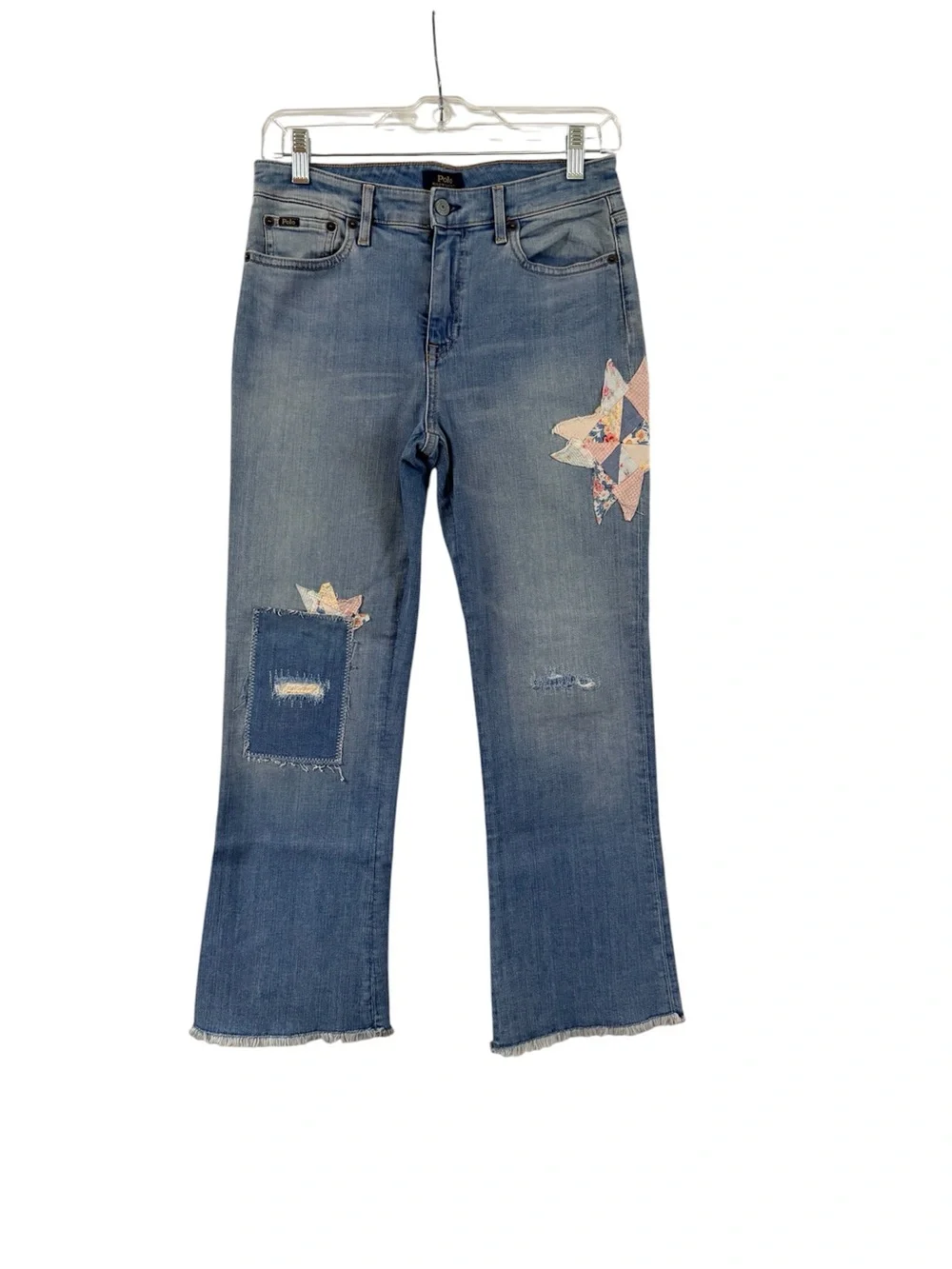 Polo Ralph Lauren Light Wash Patchwork Detail Fray Hem Flare Jeans Size 16 Kids